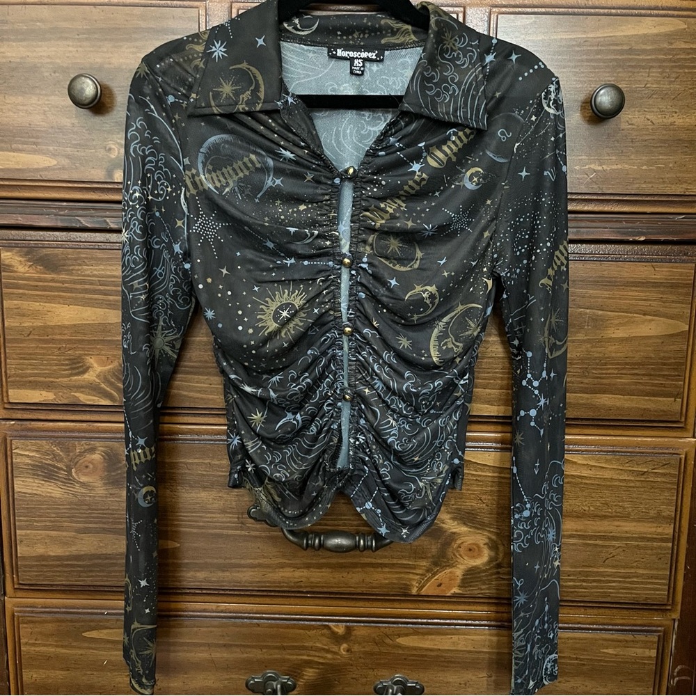 Dolls Kill Horoscopez Guide My Life Black and Gold Celestial Crop Top